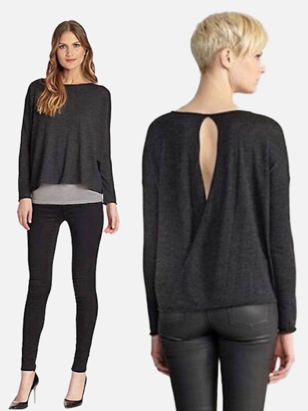 EILEEN FISHER 100% Merino Wool Keyhole Back Box Sweater Charcoal Gray Size XS